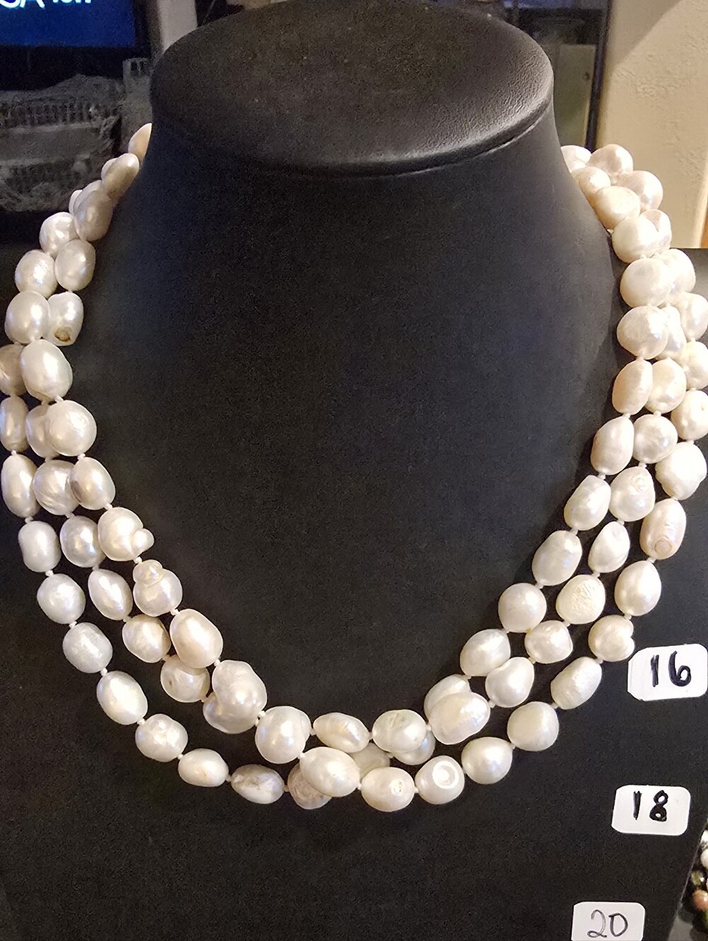 Triple Strand Genuine Pearl   Necklace